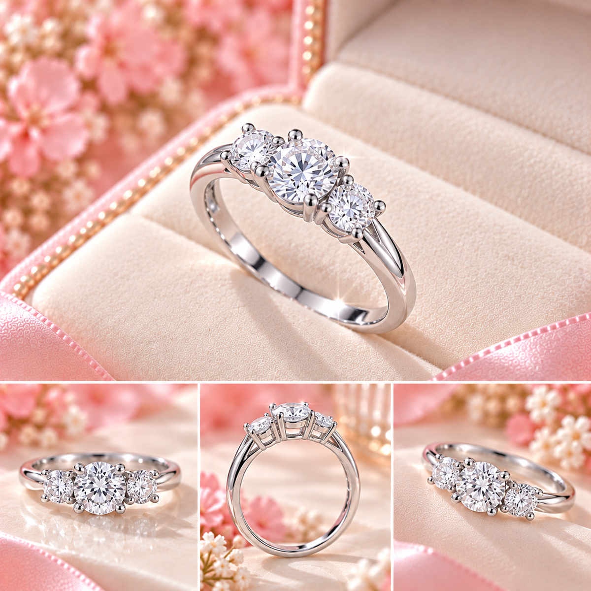 แหวนสามเม็ดเรียง (Three-Stone Ring)  เนื้อเงิน