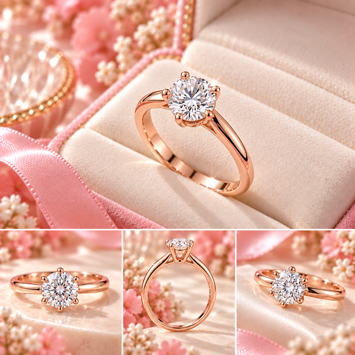 แหวนสามเม็ดเรียง (Three-Stone Ring)  เนื้อโรสโกล์ด