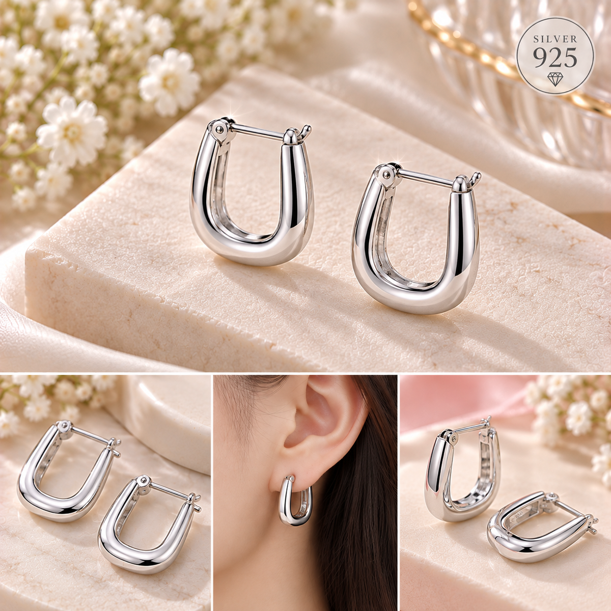 ￼ต่างหูห่วงทรงรูปตัวยู U-Shape เงิน925