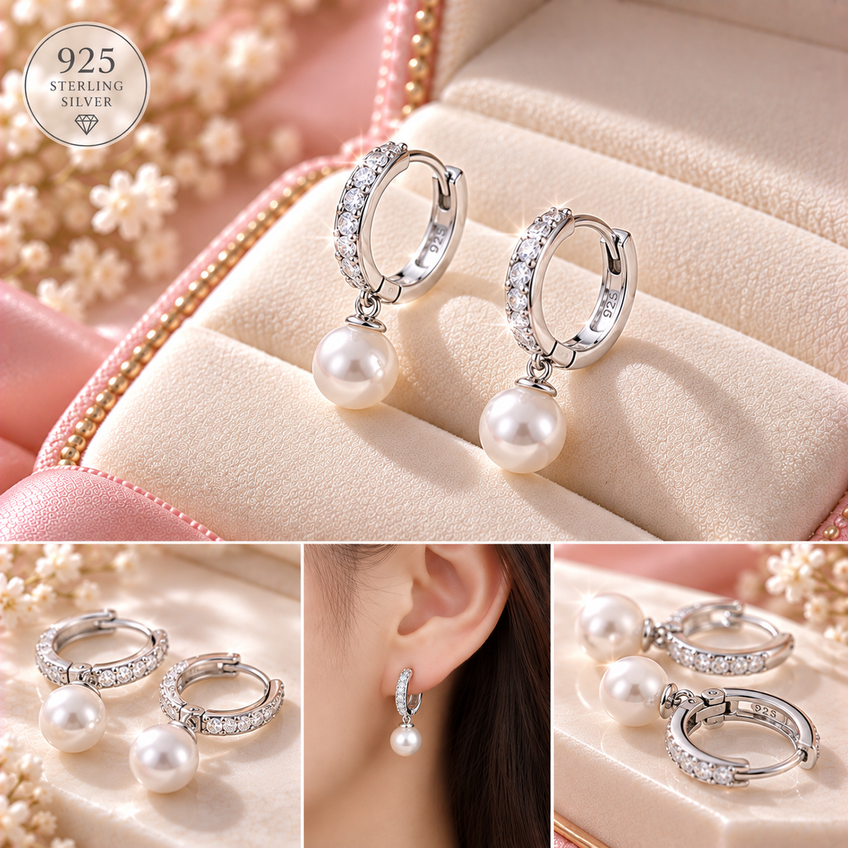 ต่างหูห่วงเงิน 925 ประดับไข่มุก 1คู่ หรูหรา 925 sterling silver
